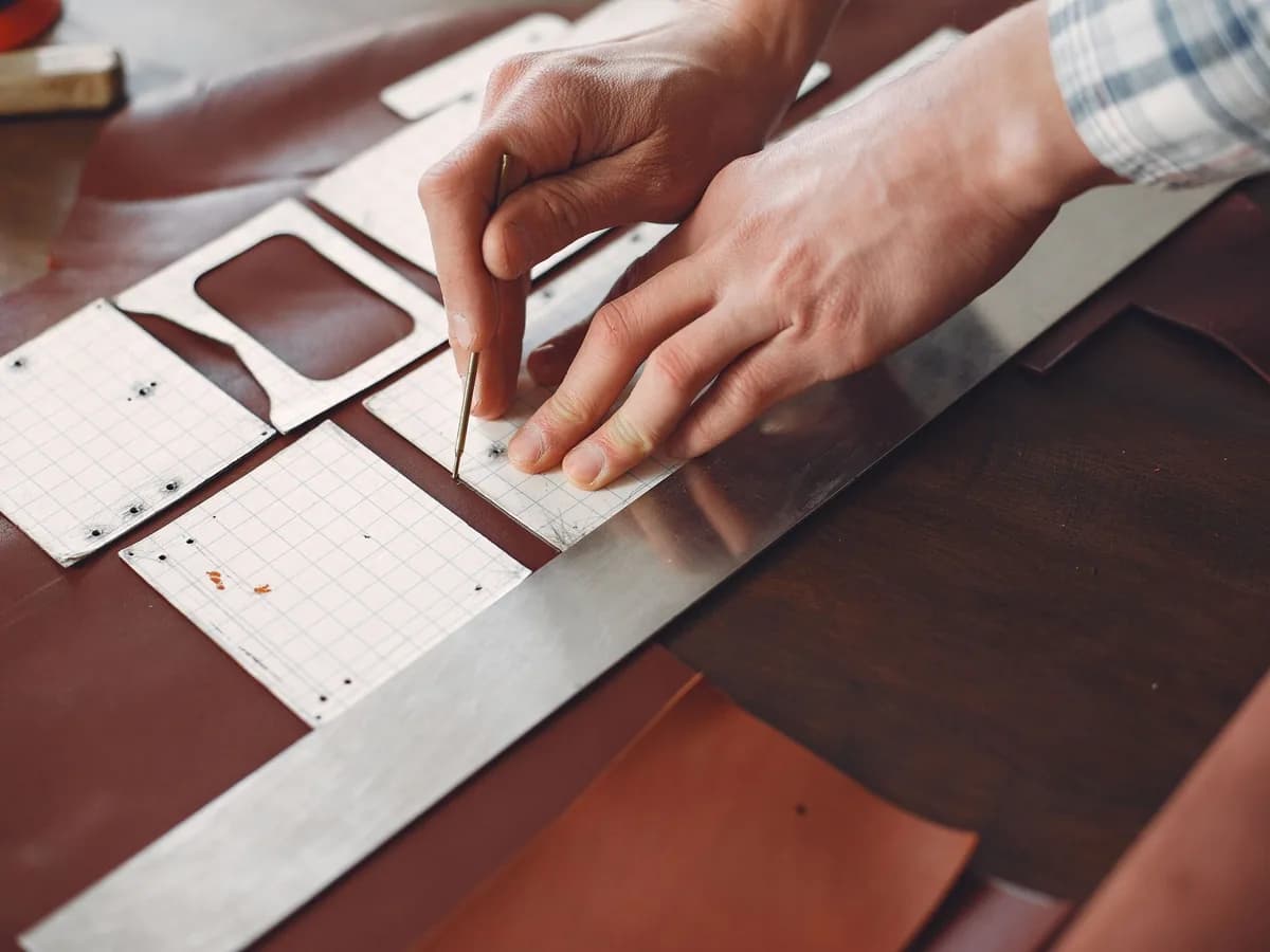 Hands cutting leather around a paper pattern with a ruler and craft knife.